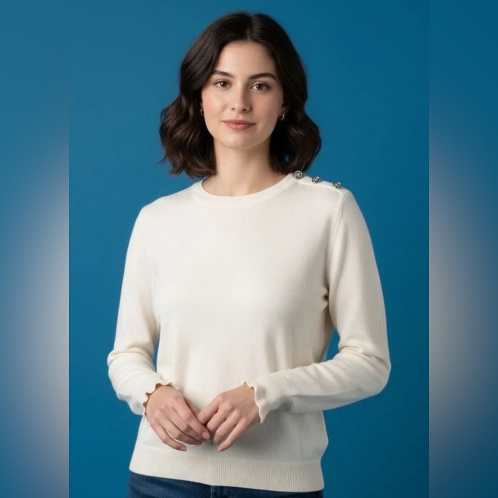 J.CREW IVORY RUFFLE RHINESTONE SWEATER TOP SZ M